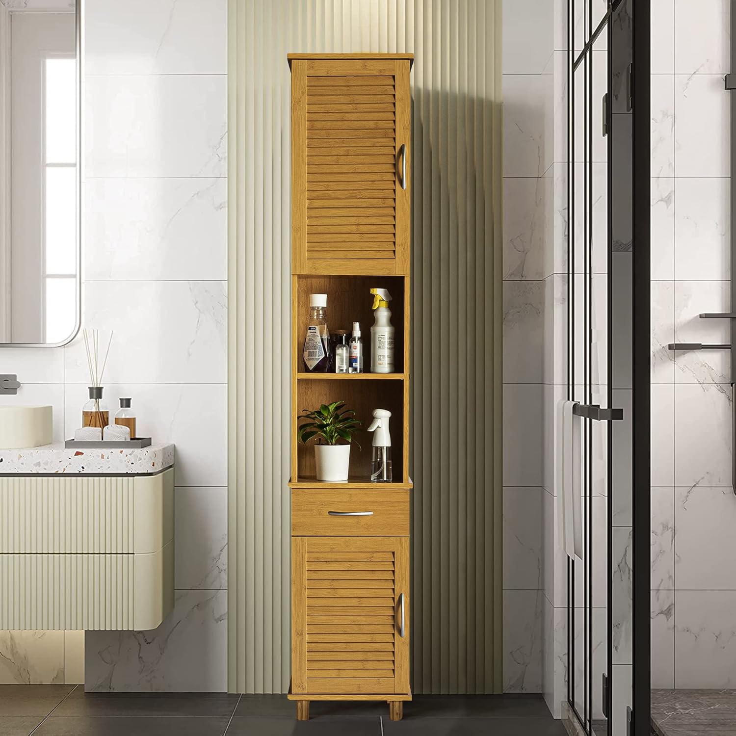 Bathroom Storage Narrow with 2 Shelves & 2 Doors&1 Drawer,Floor