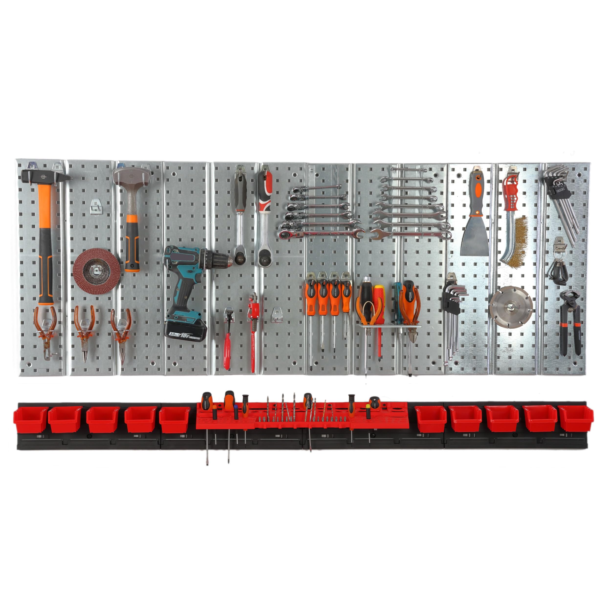 Werkzeugwand Metall 156x72 cm Lagersystem mit Werkzeughaltern Werkzeughaken und 10 Stapelboxen 80 x 115 x 60 mm Farbe: rot Lochbrett Werkstatt Garage Steckbrett Elektrowerkzeuge Lochwand