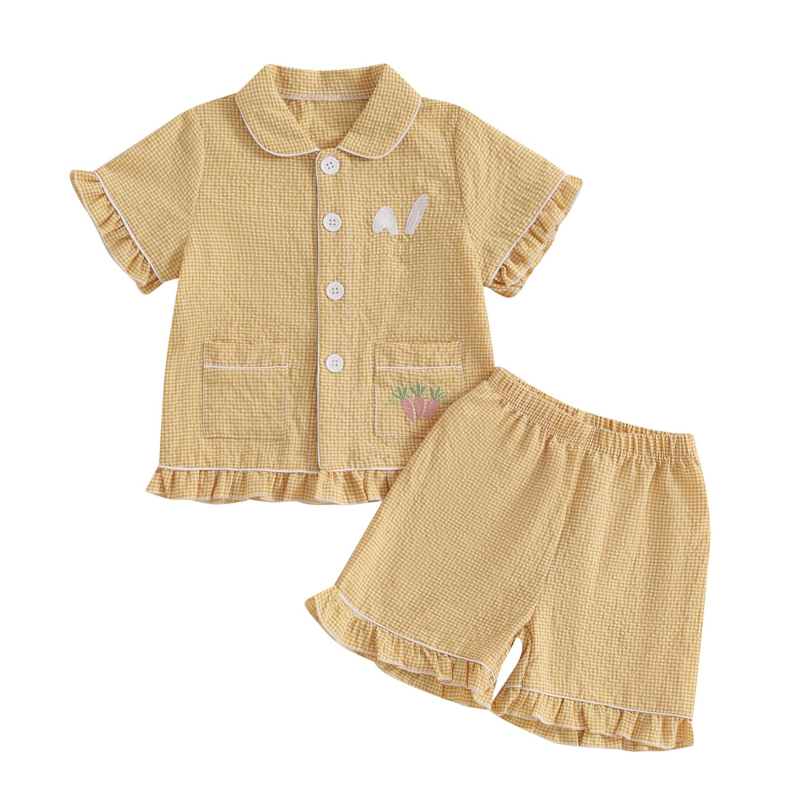 Baby Girl Ruffle Pajamas Set Short Sleeve Button Shirt Top Shorts 2 Piece PJ Set Toddler Sleepwear (Yellow&Carrot,18 Months)