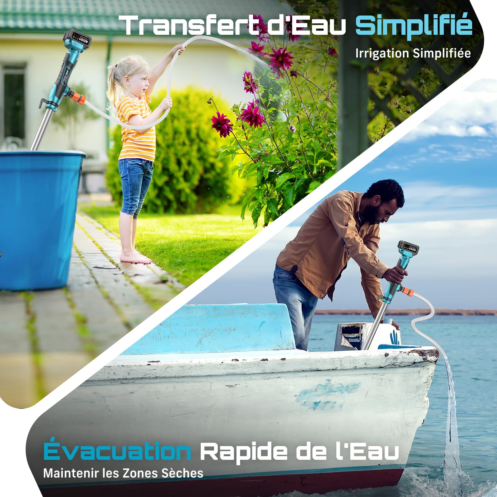 SEESII Pompe de Transfert d'Eau Sans Fil, avec Batterie 4000mAh 21V et Chargeur, 720GPH, Hauteur de Refoulement de 32 Pieds, Pompe Portative avec Sortie de 3/4 Pouce pour Vidange de Piscine/Jardin