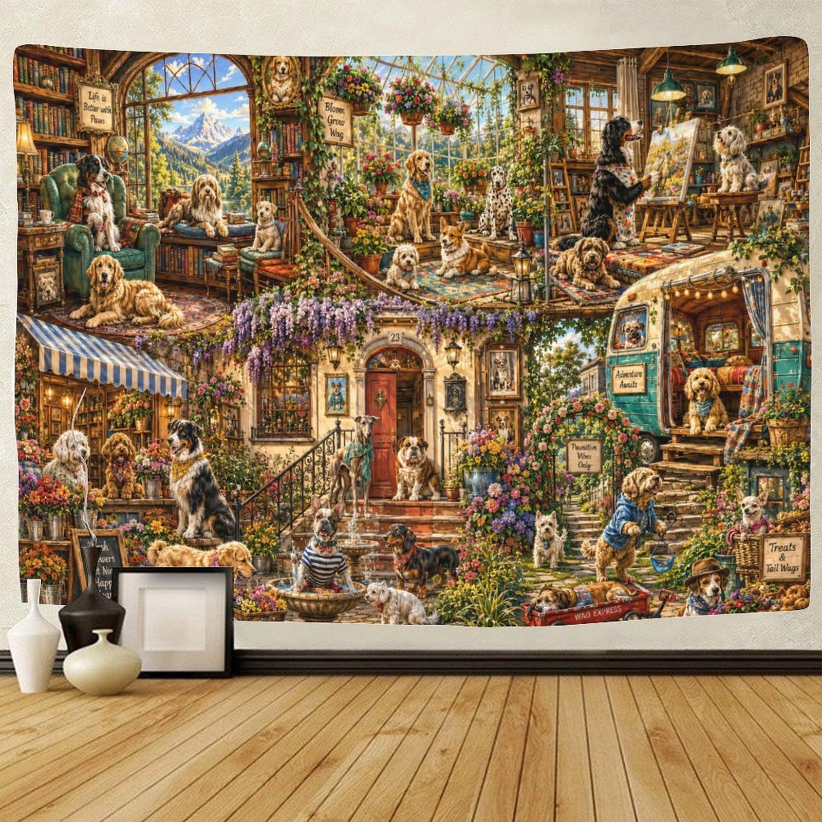 GPMNBCXZK Vibrant Dog Village Wall Hanging Decor 3D Print Wall Tapestry Tapestries Home Decoration Curtain Bedroom Dorm 100cmx150cm