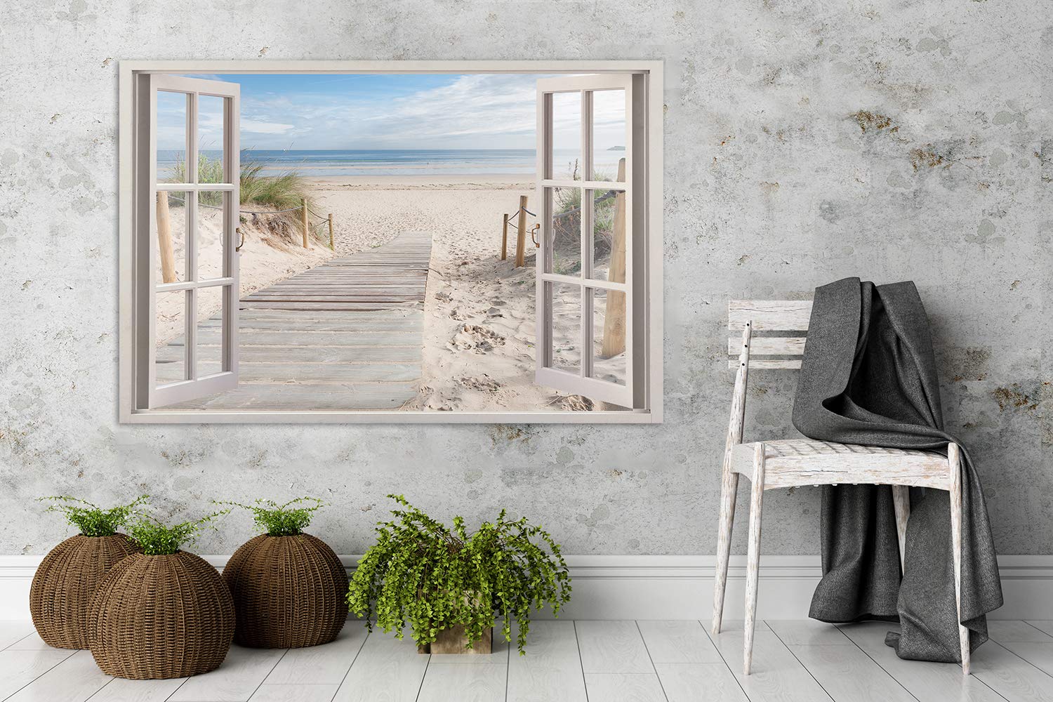 Feeby Obraz na Płótnie Canvas Morze Niebo Piasek Plaża 120x80 cm 1-częściowy Obraz na Ścianę Dekoracja Ścienna do Salonu Sypialni Biura Obraz Ścienny XXL Nowoczesny Iluzja 3d Okno Beżowy