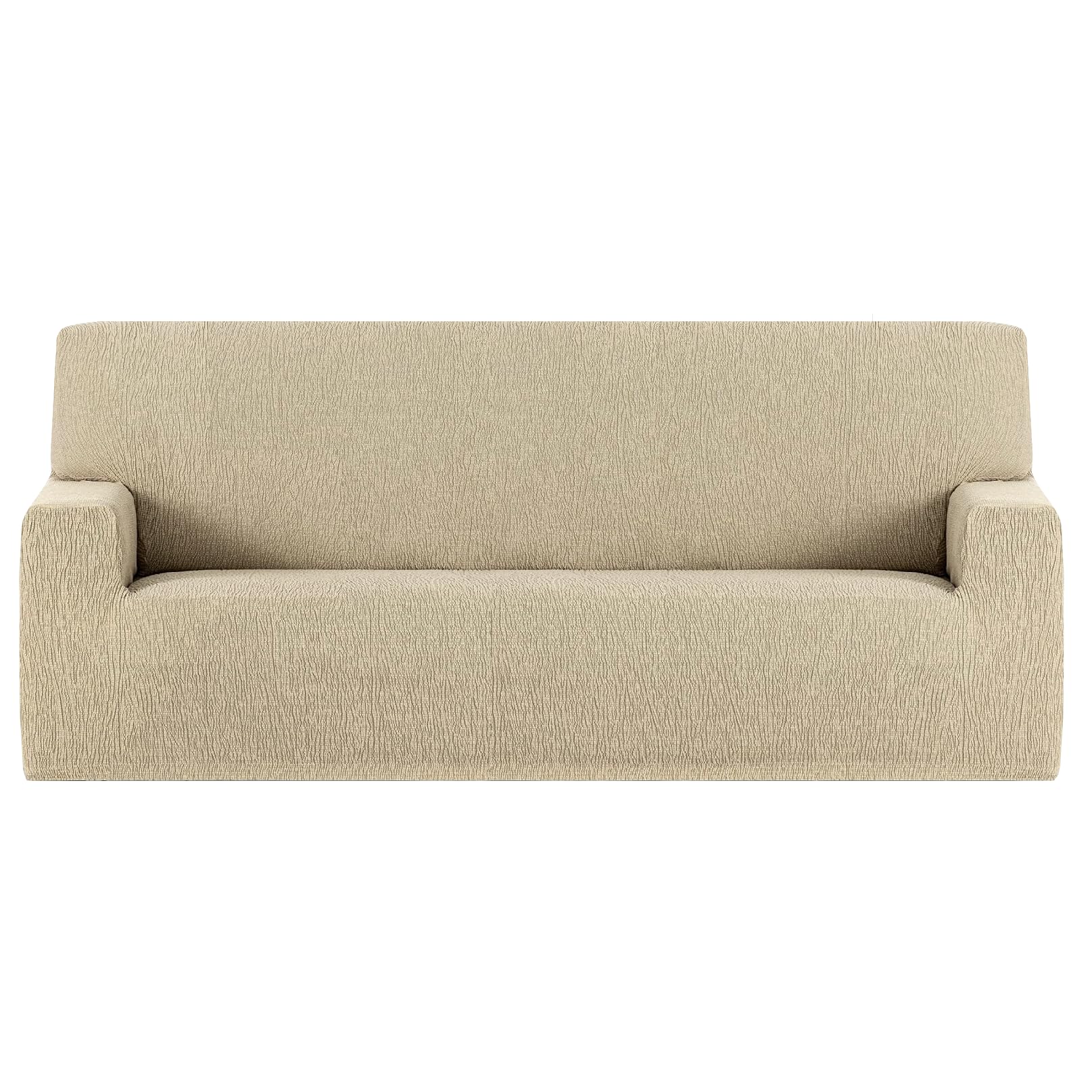 GFD - Funda de Sofá Lisa Ajustable 4 Plaza 220-260cm, Funda Protectora Cubre Sofá Elástica Antimanchas Lavable, Fundas Cubre Sofá Duradera Perros Gatos Mascotas (Beige, 4 plazas)