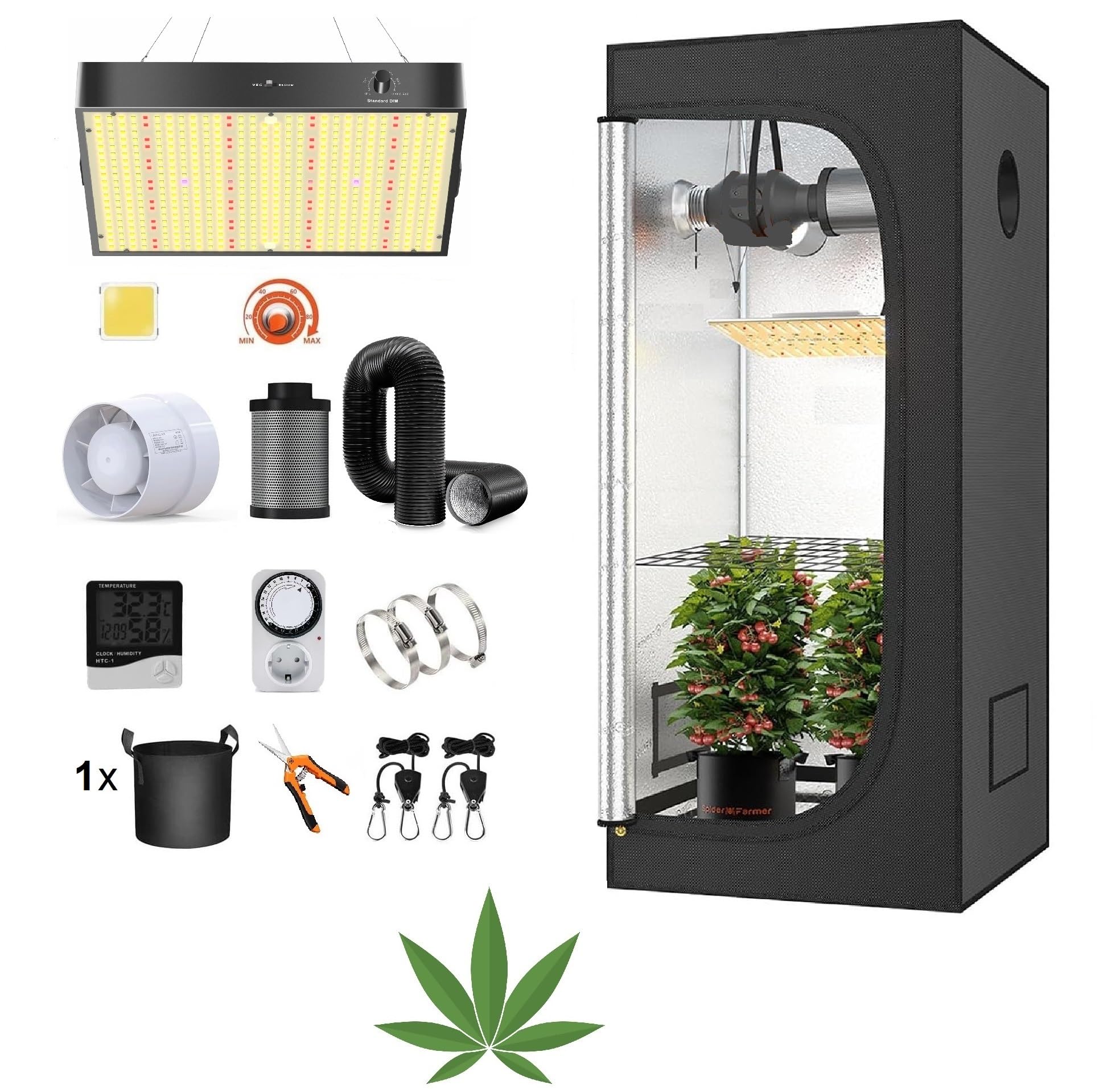 JUNG Growbox Komplettset Anbau Set mit LED Vollspektrum Grow Lampe Dimmbar, 40x40x120 cm, mit Ventilator, Abluft Aktivkohlefilter, Growzelt Anzucht Gewächshaus, Grow Tent Complete Set Garten
