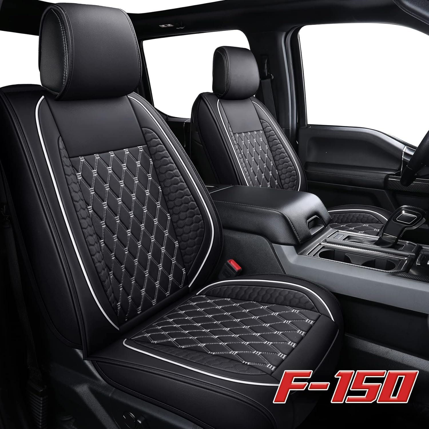 Tomatoman Truck Car Seat Covers Ford F-150 Compatible with 2009-2023 2024 F150 2017-2024 F250 F350 F450 XLT Crew SuperCab SVT King Ranch Limited(Full Set/Black-White)