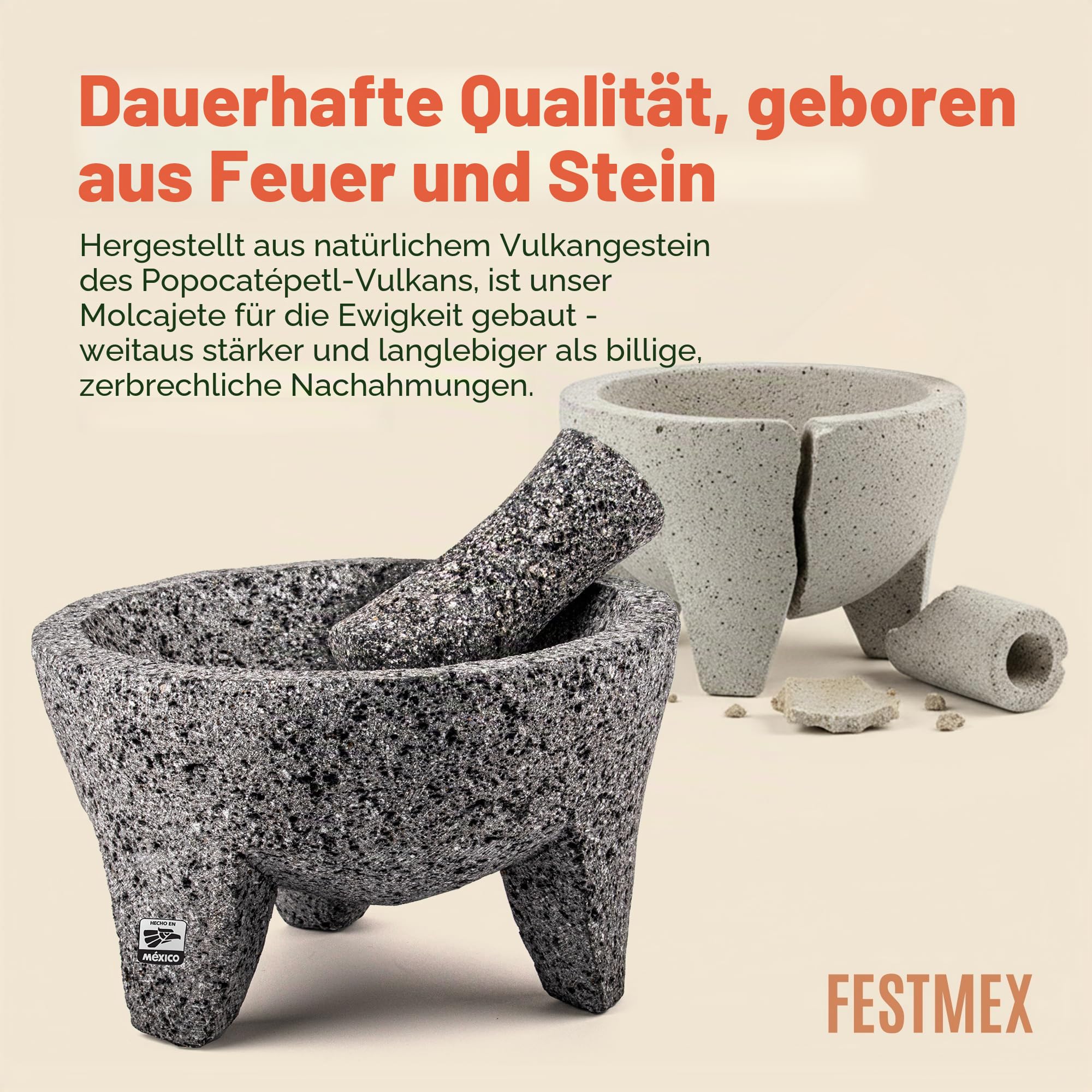 Echter handgefertigter mexikanischer Mörser und Stößel, Molcajete de Piedra natürlicher Vulkanika-Stein, schwer und langlebig, perfekt für hausgemachte Salsas, Guacamole und andere Molcajete-Teller |