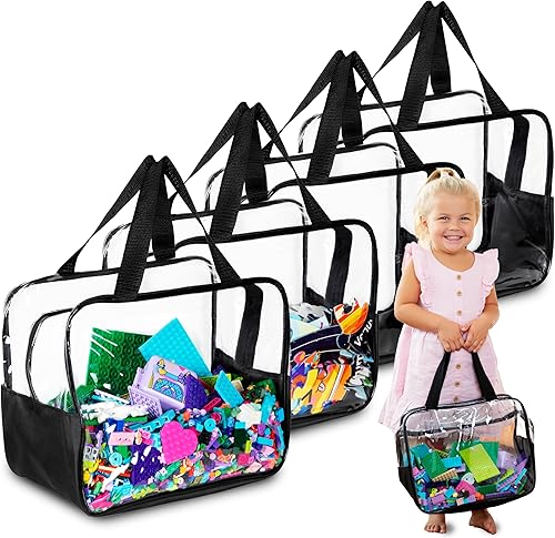 Miniatura 1 de Paquete de 4 bolsas transparentes de almacenamiento de juguetes extra grandes con cremallera de 12 x 10 x 7 pulgadas con asa, organizador de