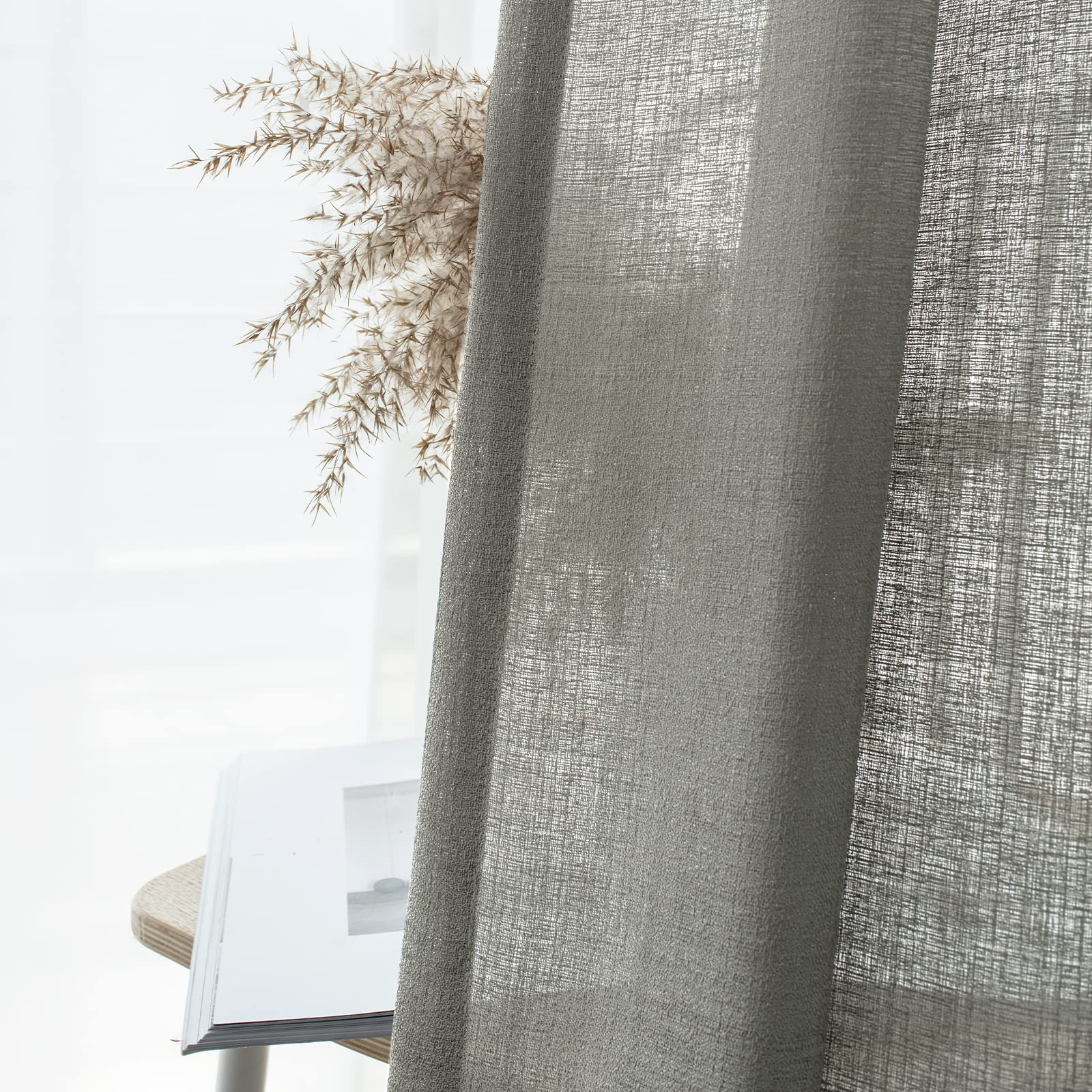Melodieux Grey Semi Sheer Curtains 96 Inches Long for Living Room, Linen Look Bedroom Grommet Top Voile Drapes - Image 3