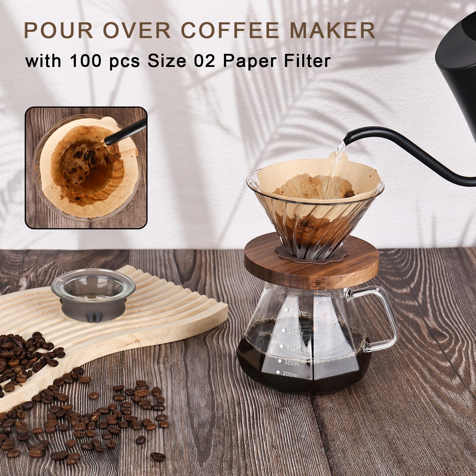 Kit Complet V60 Café Filtré à La Main : Carafe Verre Borosilicate 600ml + 100 Filtres V02 + Dripper + Accessoires