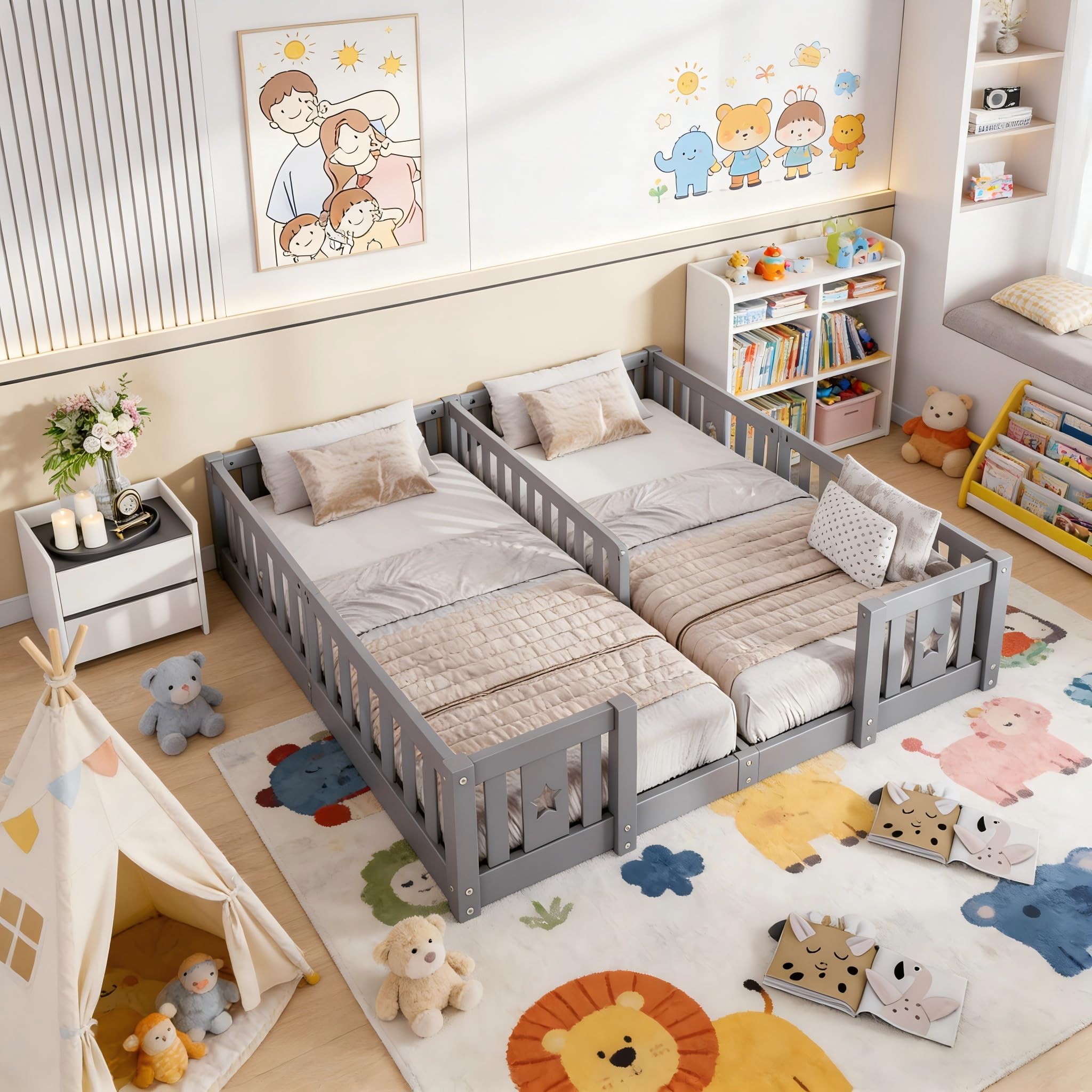Letto Montessori Doppio 2x90x200 in Legno Massello, Letto Bambini con Sponde di Sicurezza, Letto a Terra per Cameretta, Letto Bambini Montessori, senza Rete a Doghe, Grigio