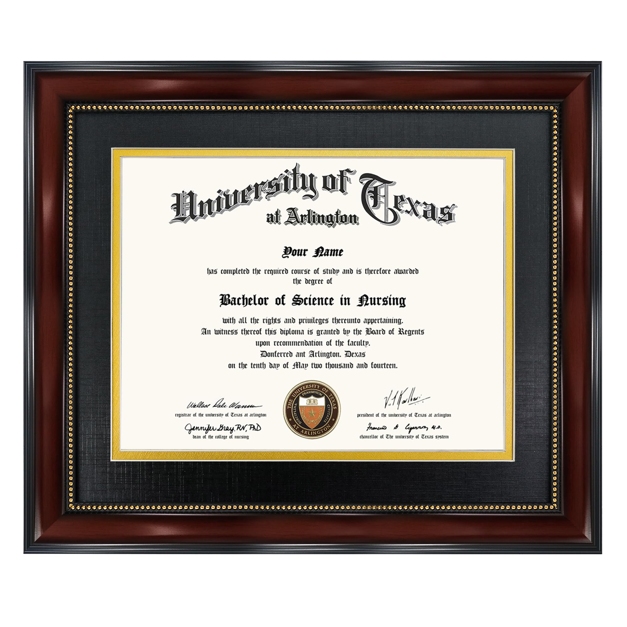 GraduationMall 8.5x11 Diploma Frame with Black over Gold Mat or Display 11x14 Document without Mat, Tempered Glass, Mahogany with Gold Beads