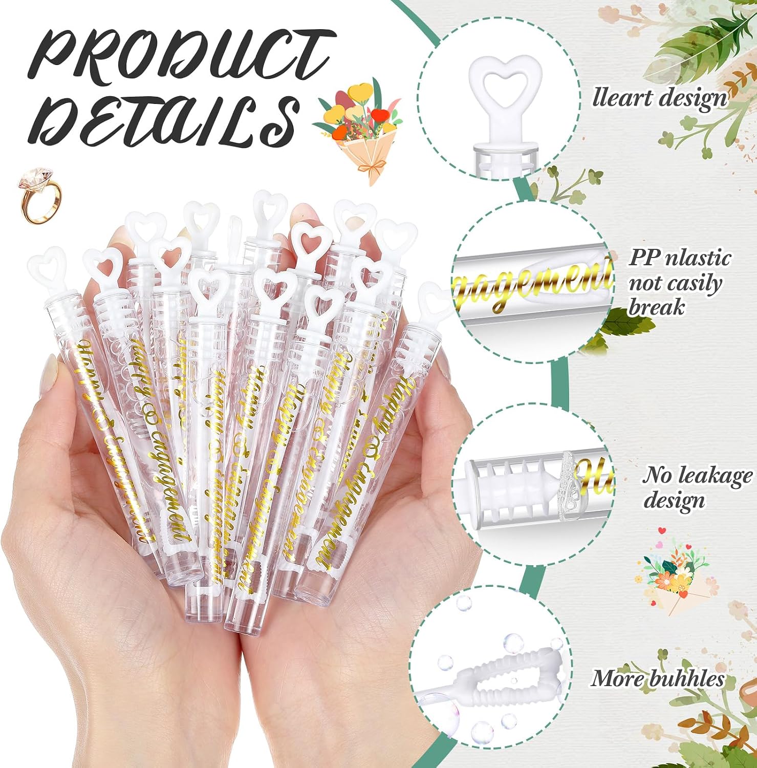 Foilswirl 50 Pack Happy Engagement Bubble Wands Golden | Heart Wands for Engagement Party, Bride Celebration, Wedding Proposal Decor, Bridal Shower Favors, Golden Foil Text