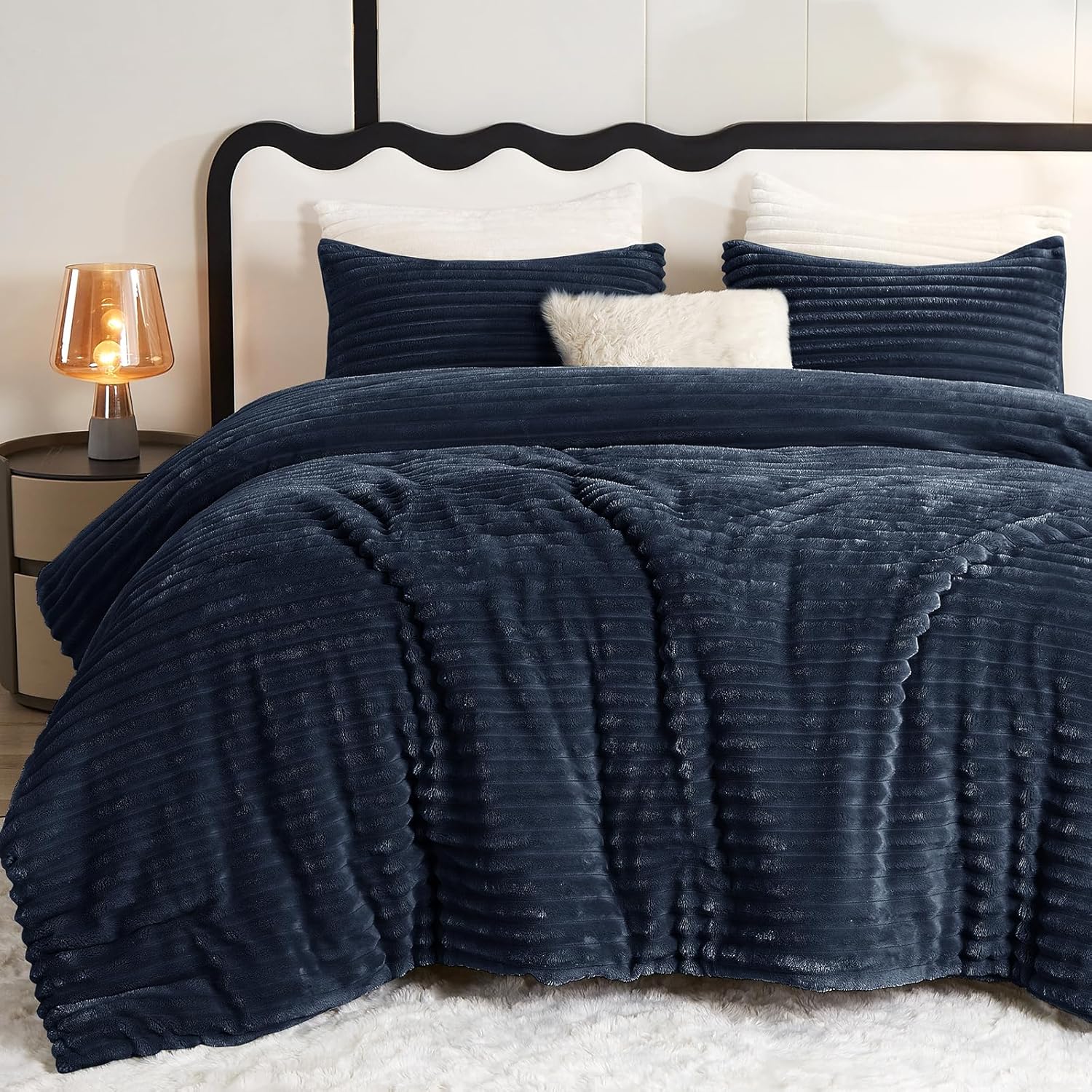 CozyLux Fluffy Queen Comforter Set - Super Soft Faux Fur Navy Blue Comforter Queen Size, Winter Warm Fleece Bedding Set, 3 Pieces Plush Fuzzy Bed Set (1 Shaggy Comforter, 2 Pillowcases) Navy Blue Queen