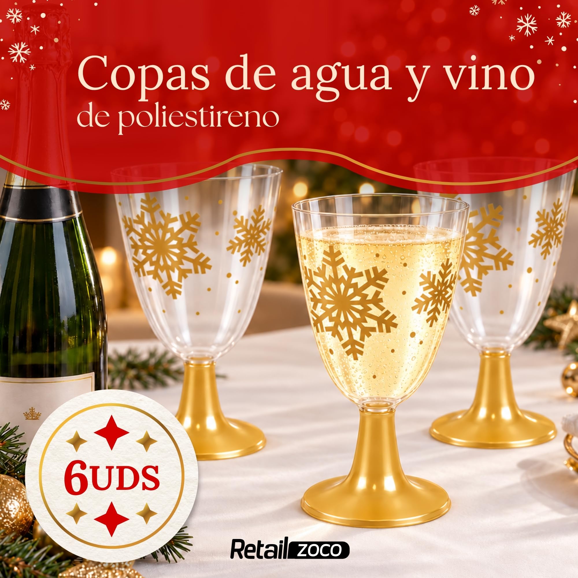 Copas de agua, Copa de Vino, Plástico, Diseño Copo Dorado, Pack 6 unidades - imagen 2