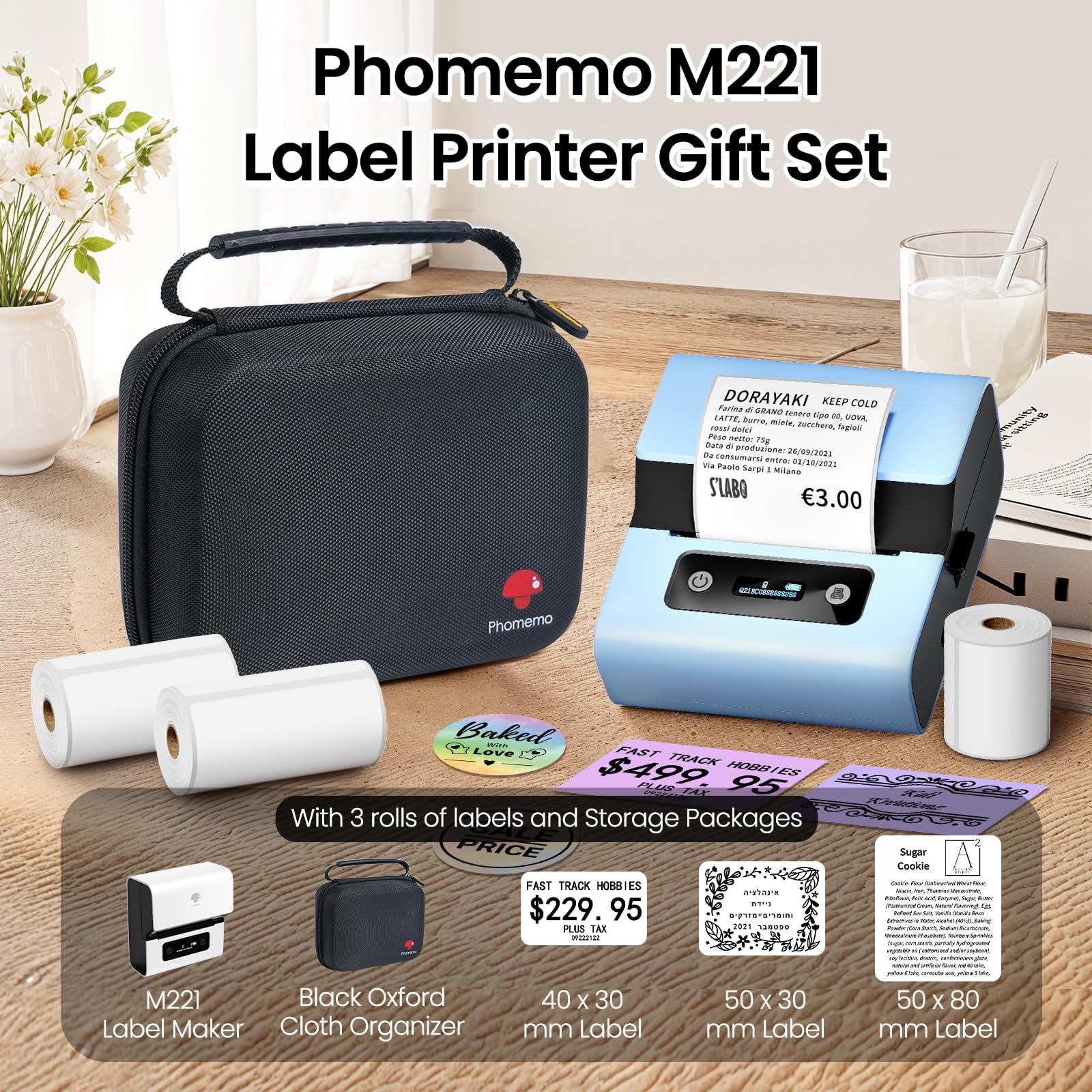 Phomemo M221 Etichettatrice Termiche Bluetooth, Set di Etichettatrice Portatile per piccole imprese, casa, scuola, Stampante Etichette Adesive con 3 rotoli di etichette e 1 borsa portatile, Blu