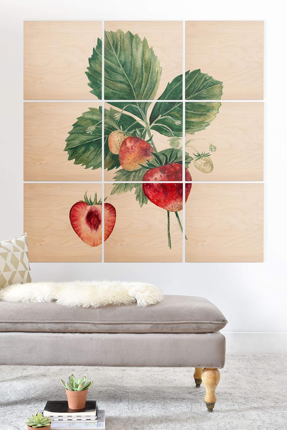 Society6 Anna Shell Strawberry Botanical Art Wood Wall Mural, 4'x4' 48"L x 48"W Strawberry Botanical Art