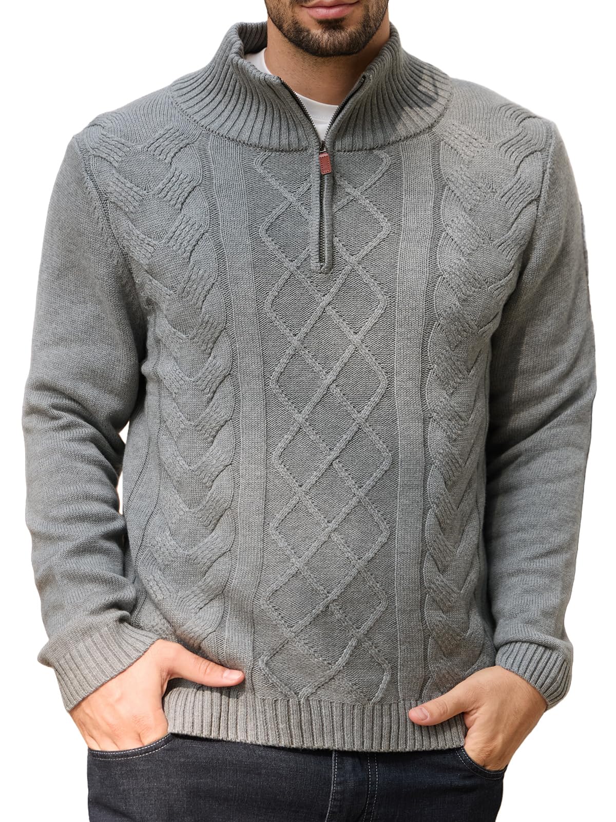 Les umes Mens Quarter Zip Sweater Cotton Mock Neck Pullover Sweaters Warm Long Sleeve Cable Knitted Jumper