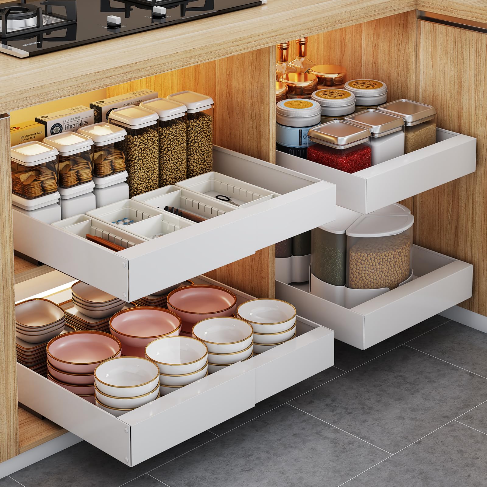 SJTOEB Expanded Pull Out Cabinet Organizer, Pull Out Drawers for cabinets with Adhesive Film, Slide Out Drawers for Kitchen cabinets (Expandable11.7"-17.8" W x 16.9" D x 2.76" H)