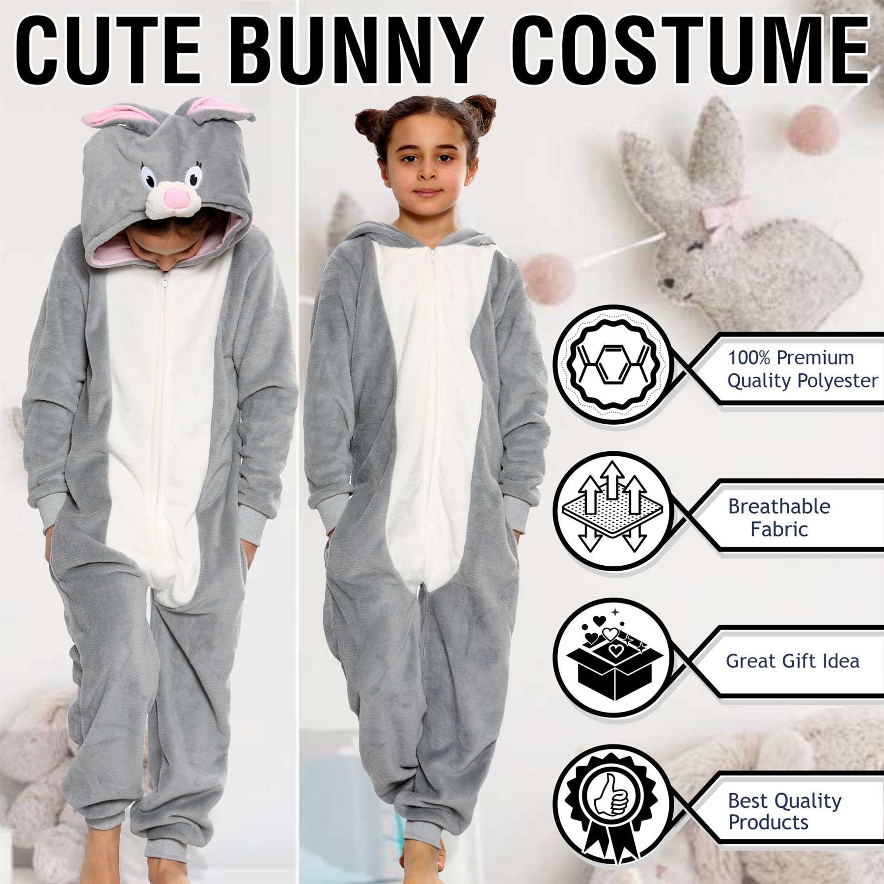 A2Z 4 Kids Filles Garçons Lapin Costume Combinaisons Doux Peluche Polaire Combishort Enfants Animal À Capuche Grenouillère Enfants Une Pièce Cosplay Tout en Un Lapin Pyjama De Noël Âge 2-14 Ans
