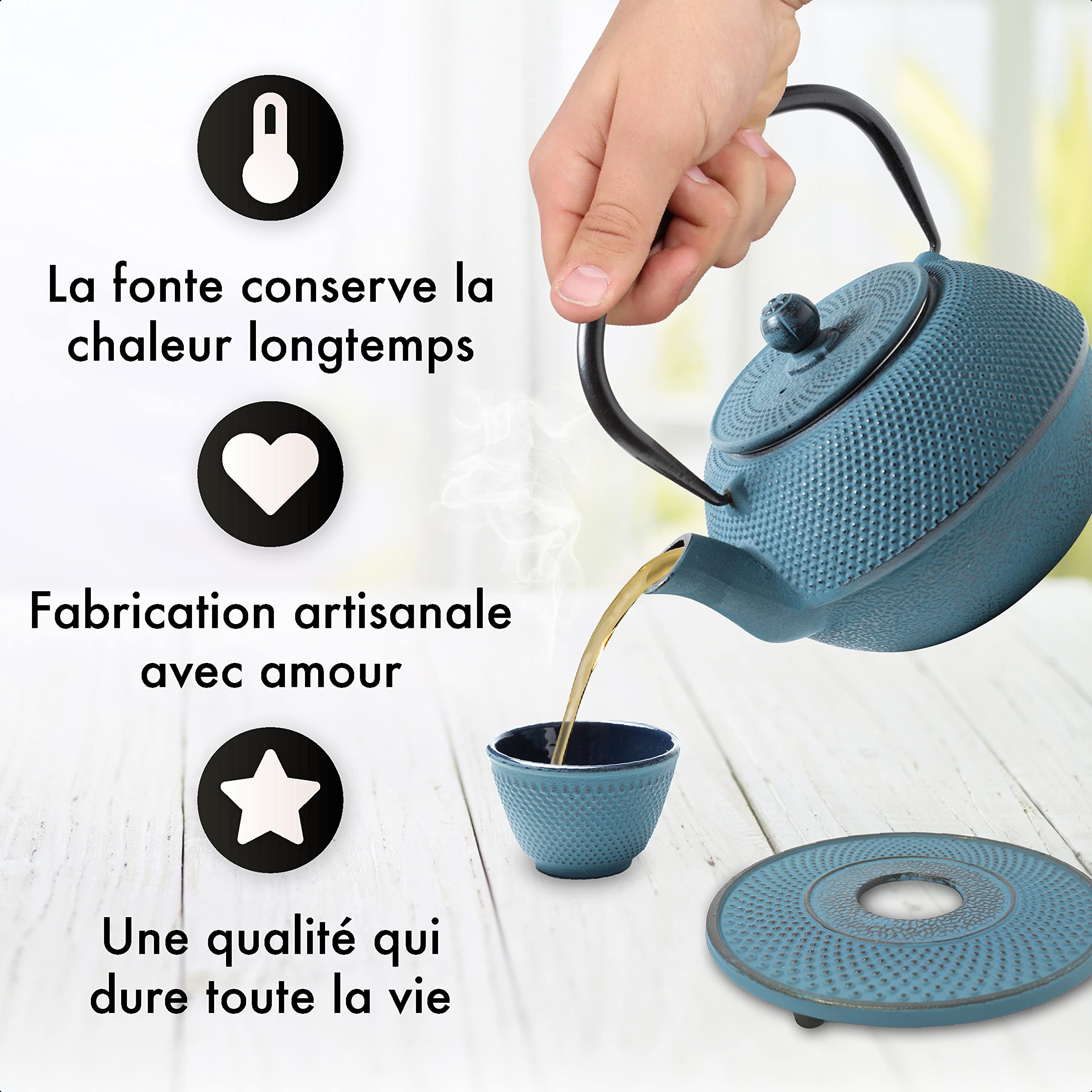 THEIERE FONTE 1,1 LITRE SET COMPLET | BOÎTE CADEAU | Service à Thé en Fonte avec Théière, 2 Tasses & Dessous Théière | Entièrement Émaillée de l'Intérieur | Design De Style Japonais | Bleu