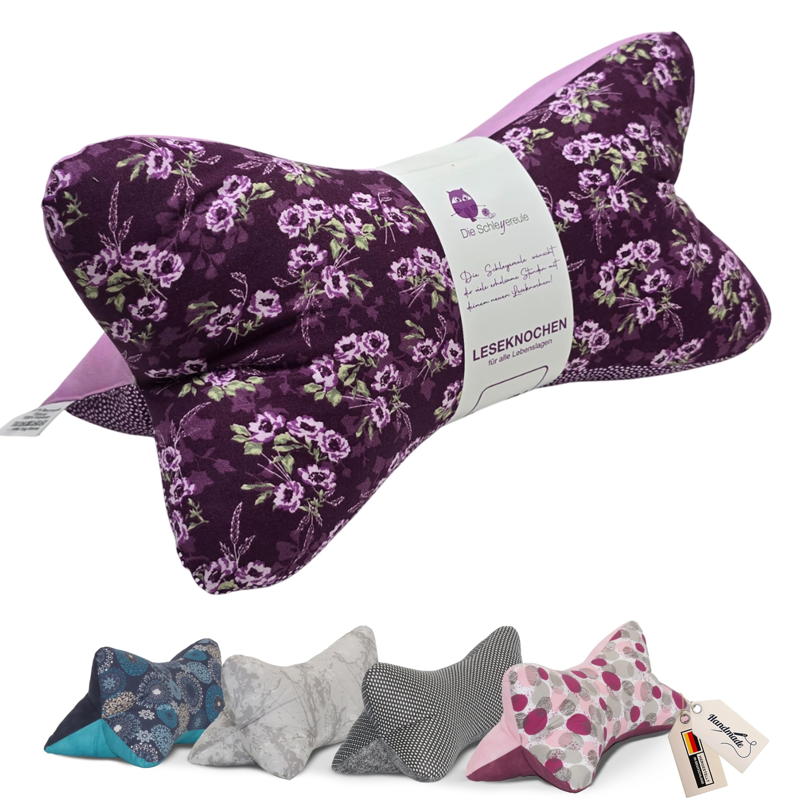Leseknochen Nackenkissen Blumen bequem und waschbar! Handgestopft und genäht in Deutschland - Nutzbar als Nackenrolle Kissen Nackenrolle (Purple Flower)