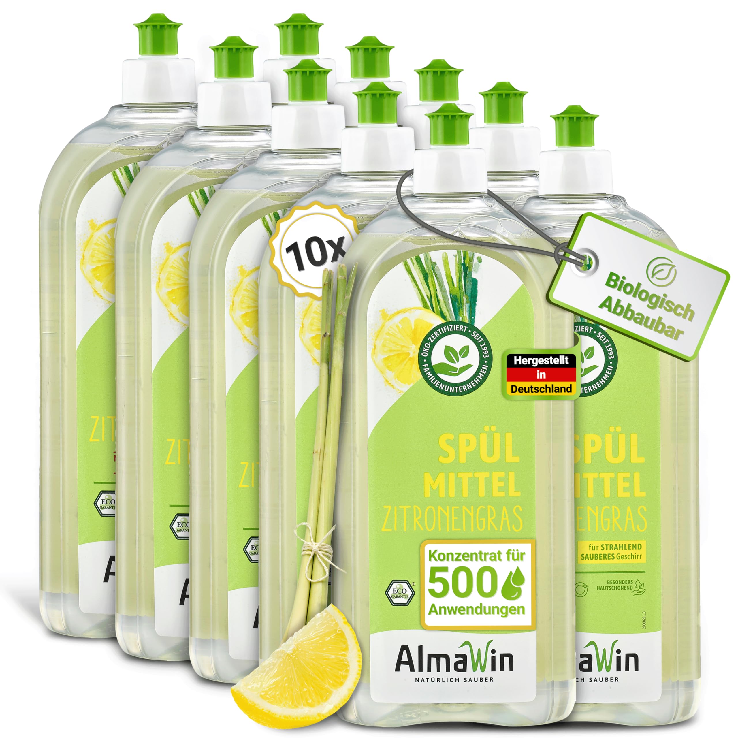 AlmaWin® Spülmittel Öko [10x 1L] mit Zitronengras-Duft - Kraftvolles Geschirrspülmittel flüssig mit hoher Fettlösekraft - Vegan Dish Soap - Biologisch abbaubares & ergiebiges Konzentrat