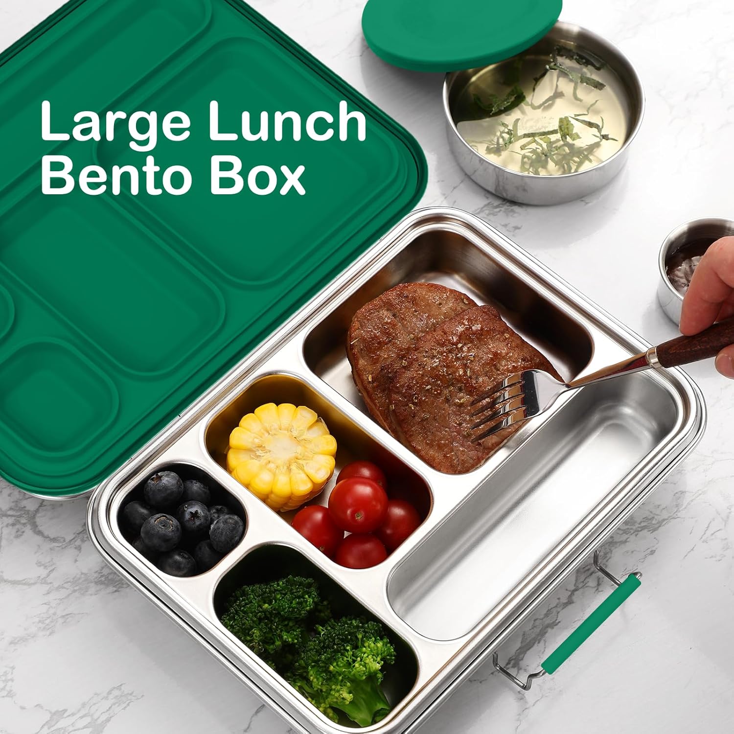 Stainless Steel Bento Box for Adults & Kids, 5-Compartment Lunch Box with 2 Sauce Containers, BPA-Free Bento Lunch Container, Dishwasher Safe, School & Work Meal Prep Lunch Container (Green)