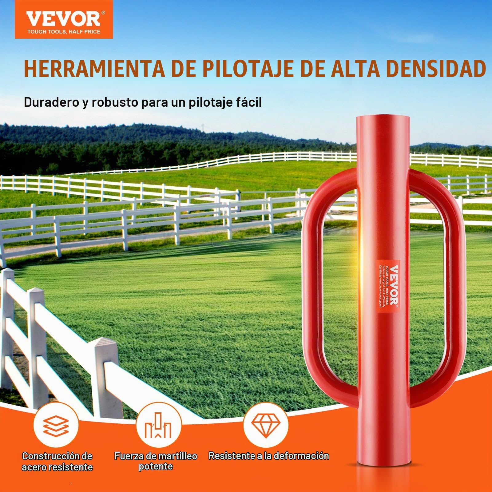 VEVOR Apisonador Manual para Postes de Cerca con Asas, Diámetro Interior 101,6 mm, Postes en T, Acero al Carbono, Resistente, para Canal en U, Poste de Señalización y Madera, Rojo, 490 x 242 x 118 mm
