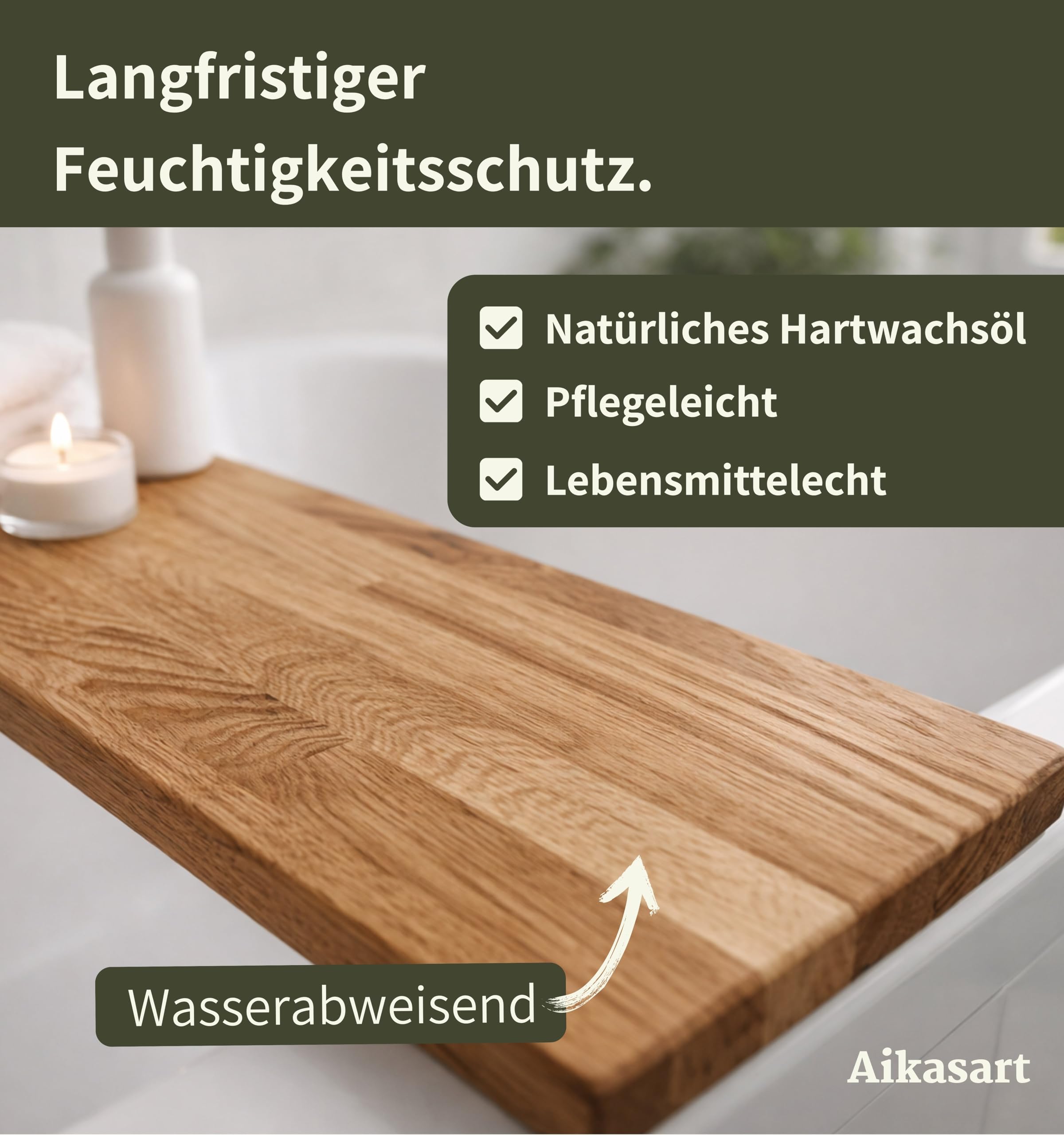 Badewannenablage aus Eiche Massiv – 100% Echtholz – Handgefertigt in Bayern – Länge 50-180 cm – Wasserabweisend durch natürliche Öl-Wachs-Veredelung – Badewannenbrett Unikat