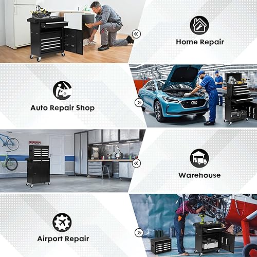 Miniatura 7 de Cofre de herramientas con ruedas de 5 cajones con caja superior desmontable, ruedas con bloqueo, estante ajustable y forro, carrito de herramientas