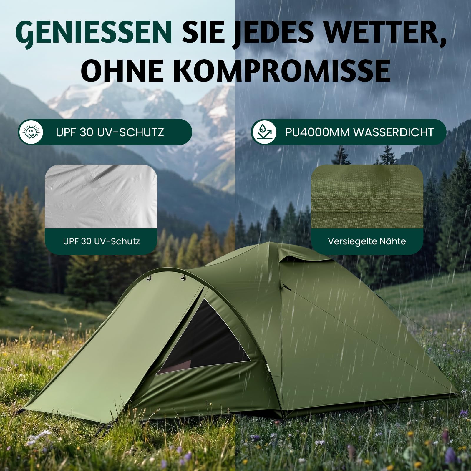 Camping Zelt 4 Personen mit Vorzelt Familienzelt Wasserdicht PU4000 UV-Schutz, Ultraleicht Campingzelt doppelwandig Vorraum Kuppelzelt mit Lüftungshutzen, Moskitonetz für Outdoor, Reise, Angeln