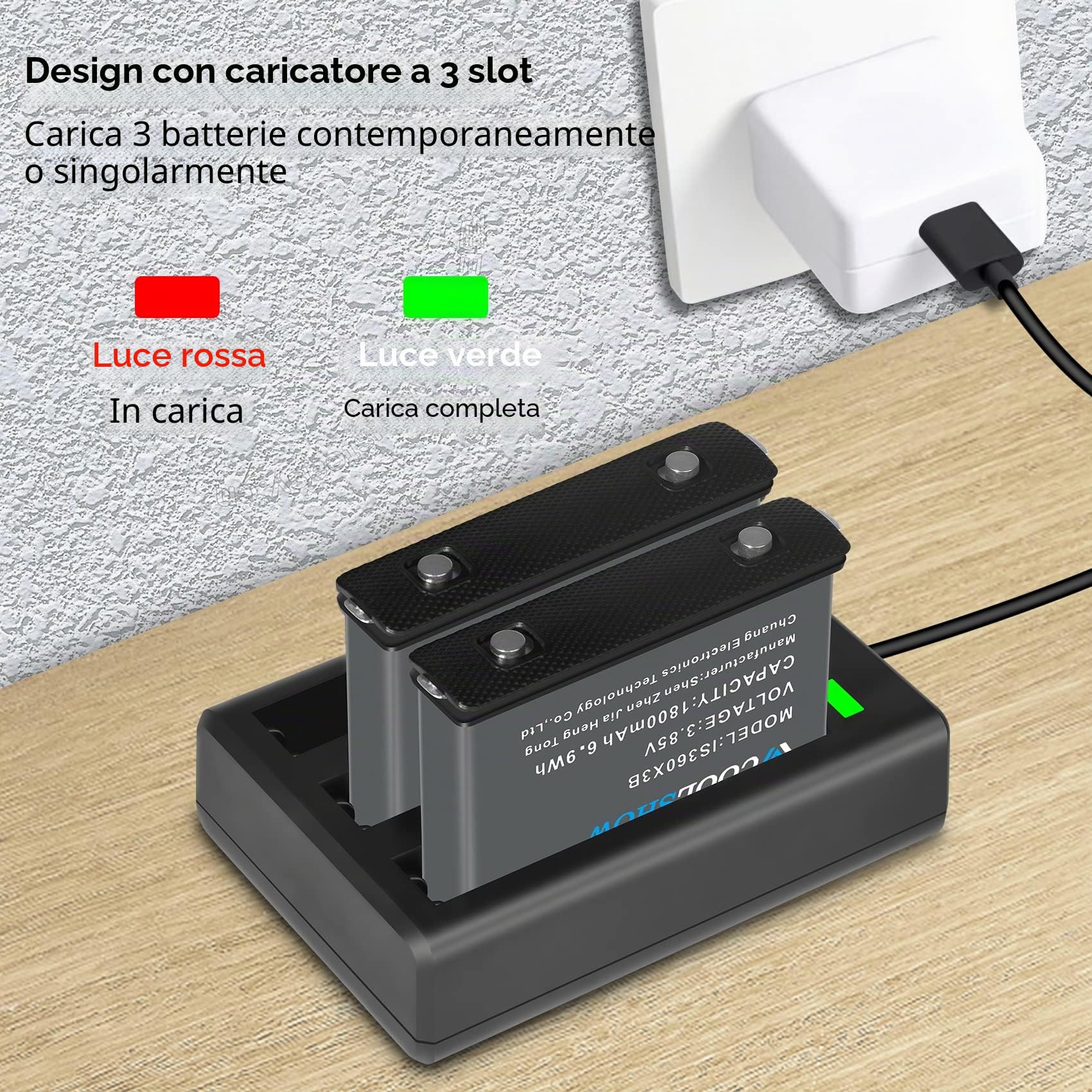 COOLSHOW Action Camera X3 Batteria 1800mAh 2 pezzi e X3 Caricabatterie Triplo con Type-C e Micro USB di ricarica Compatibile con X3 fotocamera (Sostituzione della X3 Batteria)