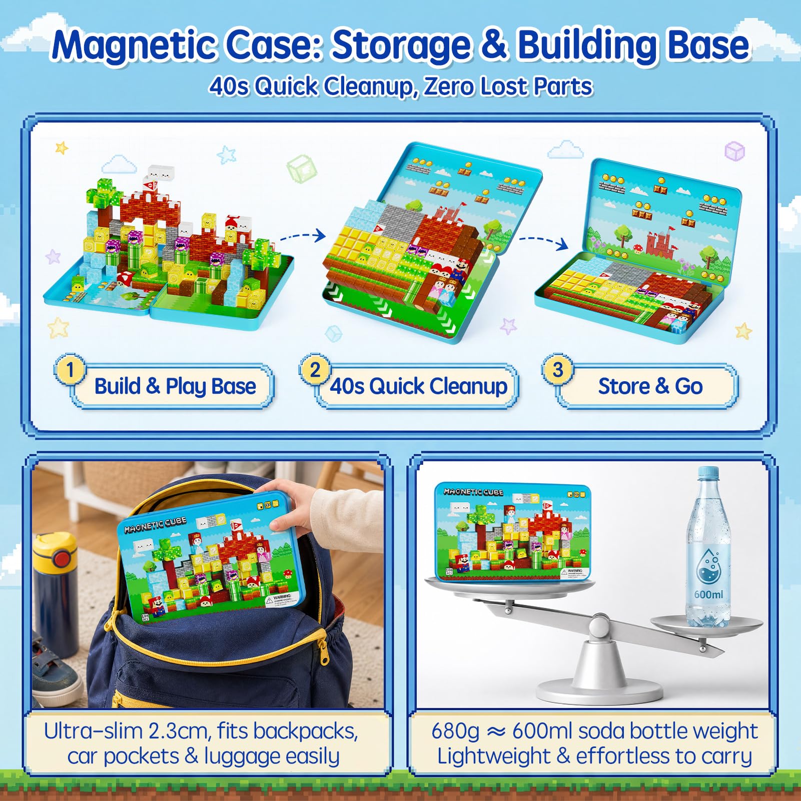 Blocs magnétiques de Voyage pour Enfants : 100 Cubes magnétiques Avec boîte en métal, 90 Minutes de Concentration pour la Voiture ou l'avion, pour garçons et Filles de 3 à 8 ANS