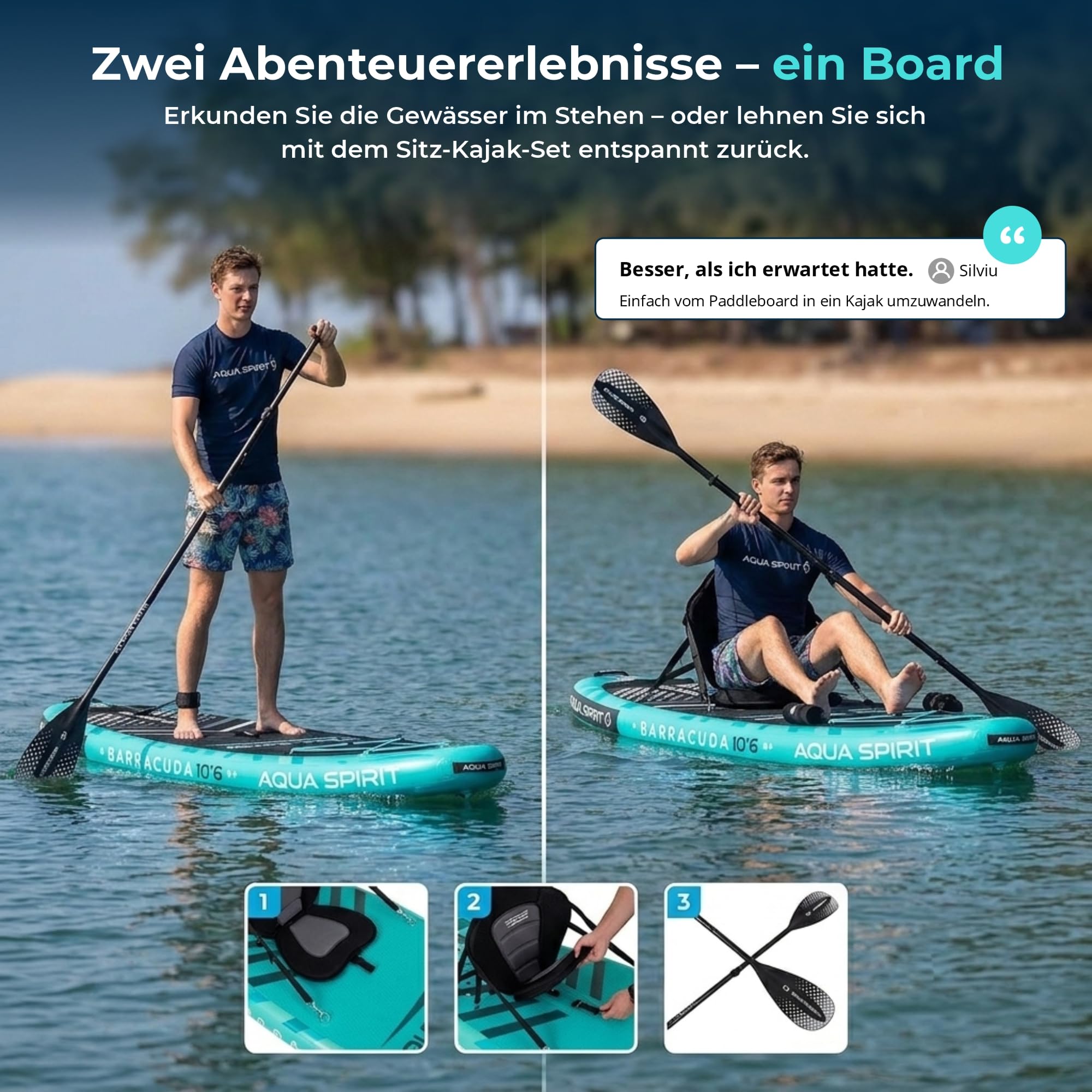 Aqua Spirit Sup Board mit Sitz | Kajak Aufblasbar Barracuda Stand Up Paddling Board 320x81x15cm Für Standup Paddle Board bis 150KG mit Sup Sitz, Doppelpaddel, Pumpe, Tasche & Zubehör Sup Set