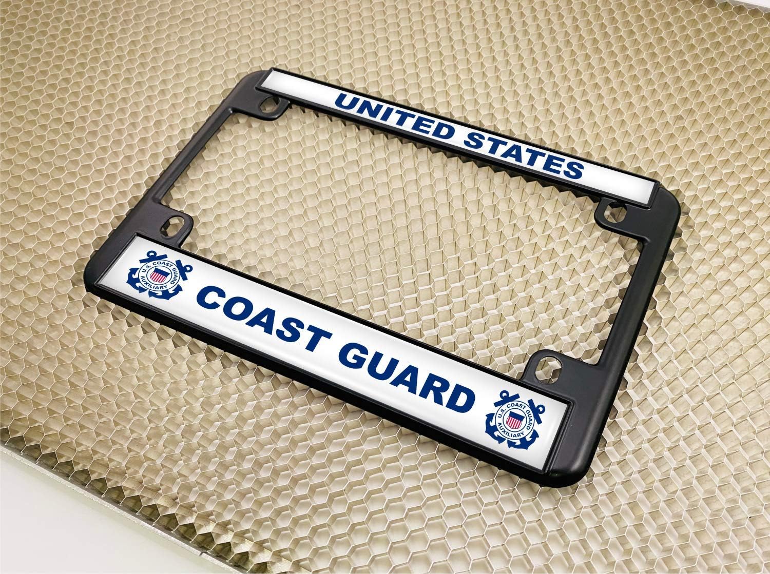 Motorcycle Metal License Plate Frame with U.S. Coast Guard Design - Black
