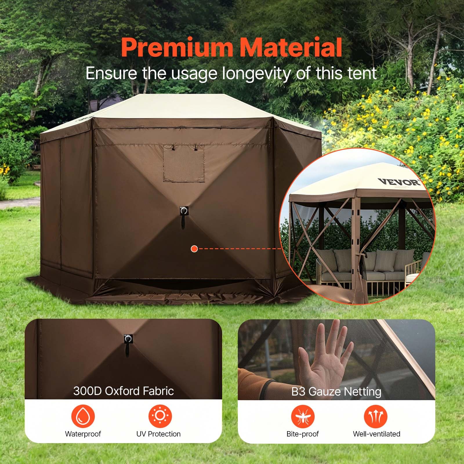 VEVOR Pavillon-Zelt, 3,6 x 3,6 m, 6-seitiges Pop-up-Camping-Überdachungszelt mit Netzfenstern, tragbarer Tragetasche, Erdnägeln, großen Schattenzelten für Camping im Freien, Rasen und Hinterhof