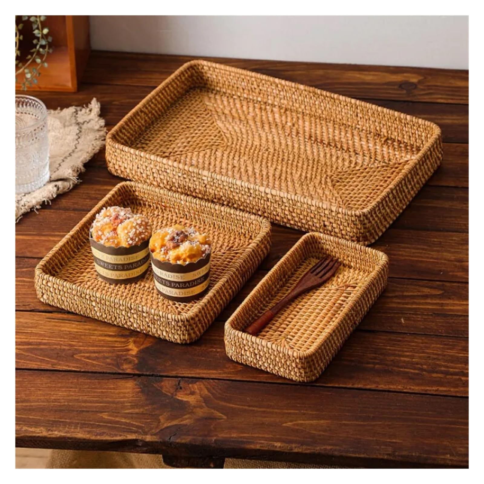 Bandeja de Mimbre Bandeja de Mimbre for Servir, Bandeja Tejida Rectangular, cestas Decorativas de Mimbre Natural for organizar el baño, Organizador de Cocina(M)