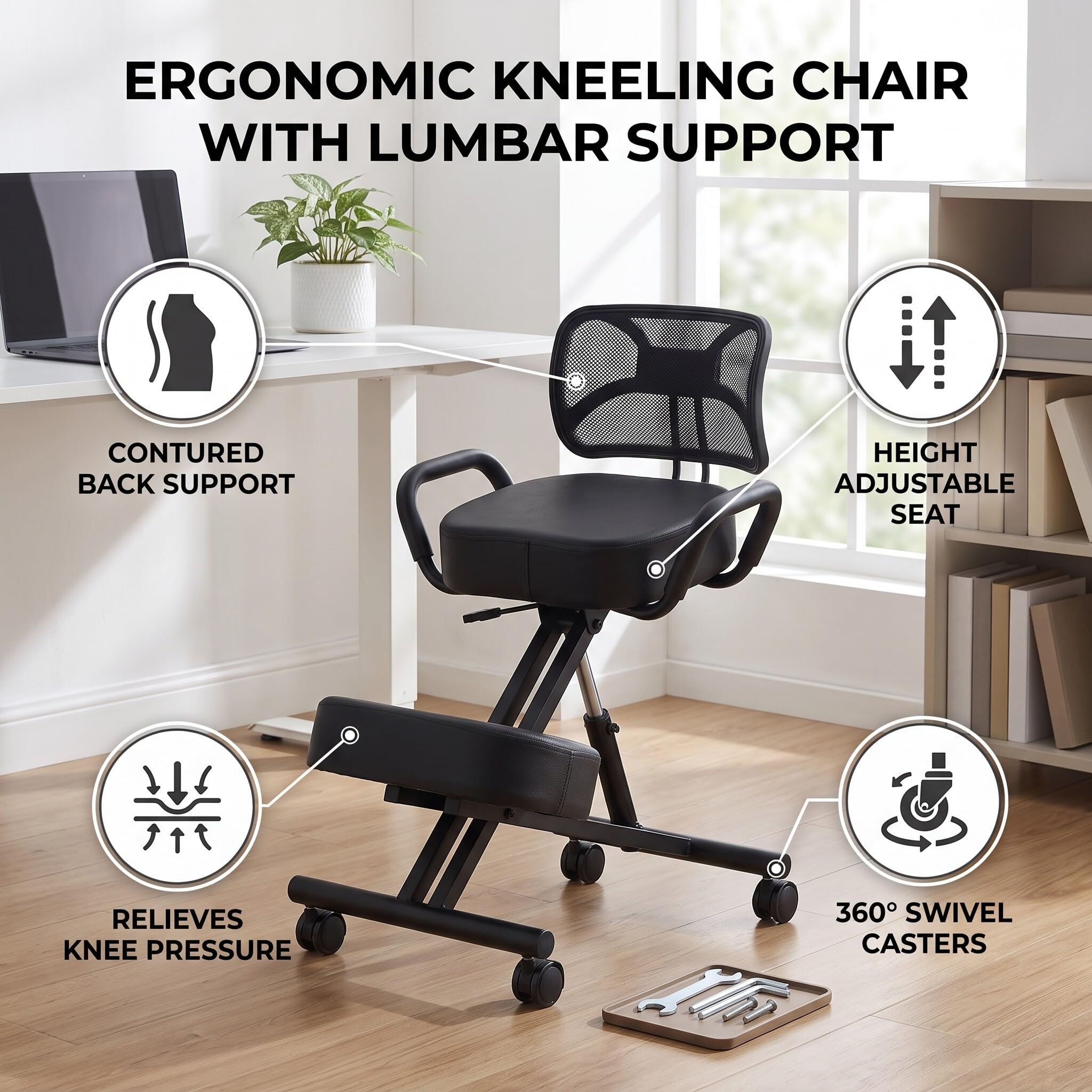 Krzesło Klęczące, Ergonomiczne Krzesło Klęczące, Regulowane Krzesło Poprawiające Postawę z Kółkami i Podparciem Pleców, Ergonomiczne Krzesło do Biur Domowych Sala Konferencyjna