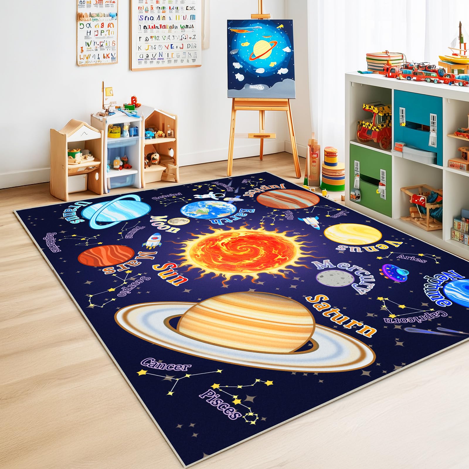Rezutan Kids Rug for Playroom Outer Space Play Mat for Floor Educational Carpet for Children Boys Girls, Non-Slip Washable Kids Rug for Bedroom Nursery Classroom Decor, 160x230CM