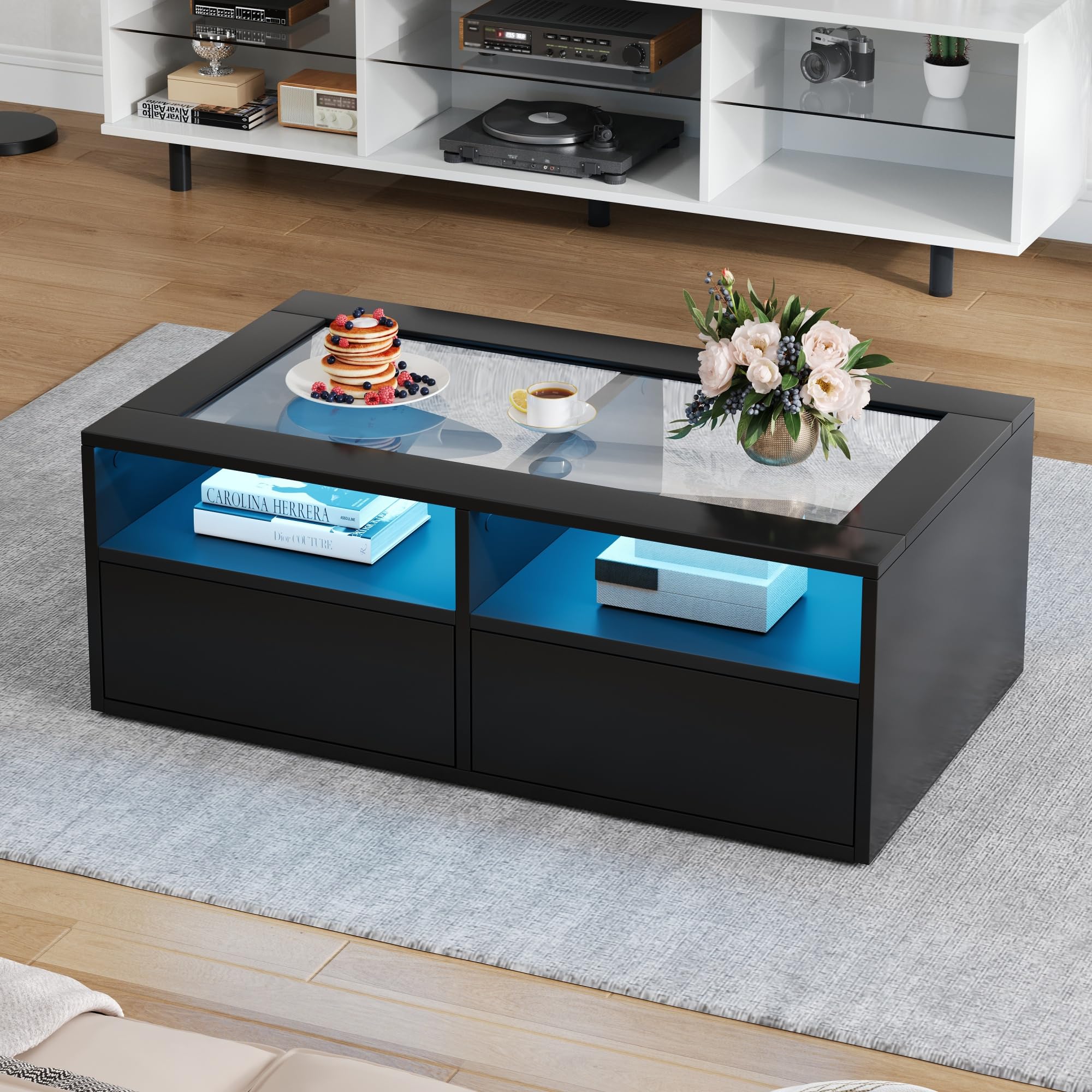 BTM Table Basse 100x50x35 cm LED, 2 Tiroirs Plateau Verre Double Couche, Rangement Ouvert Salon Noir