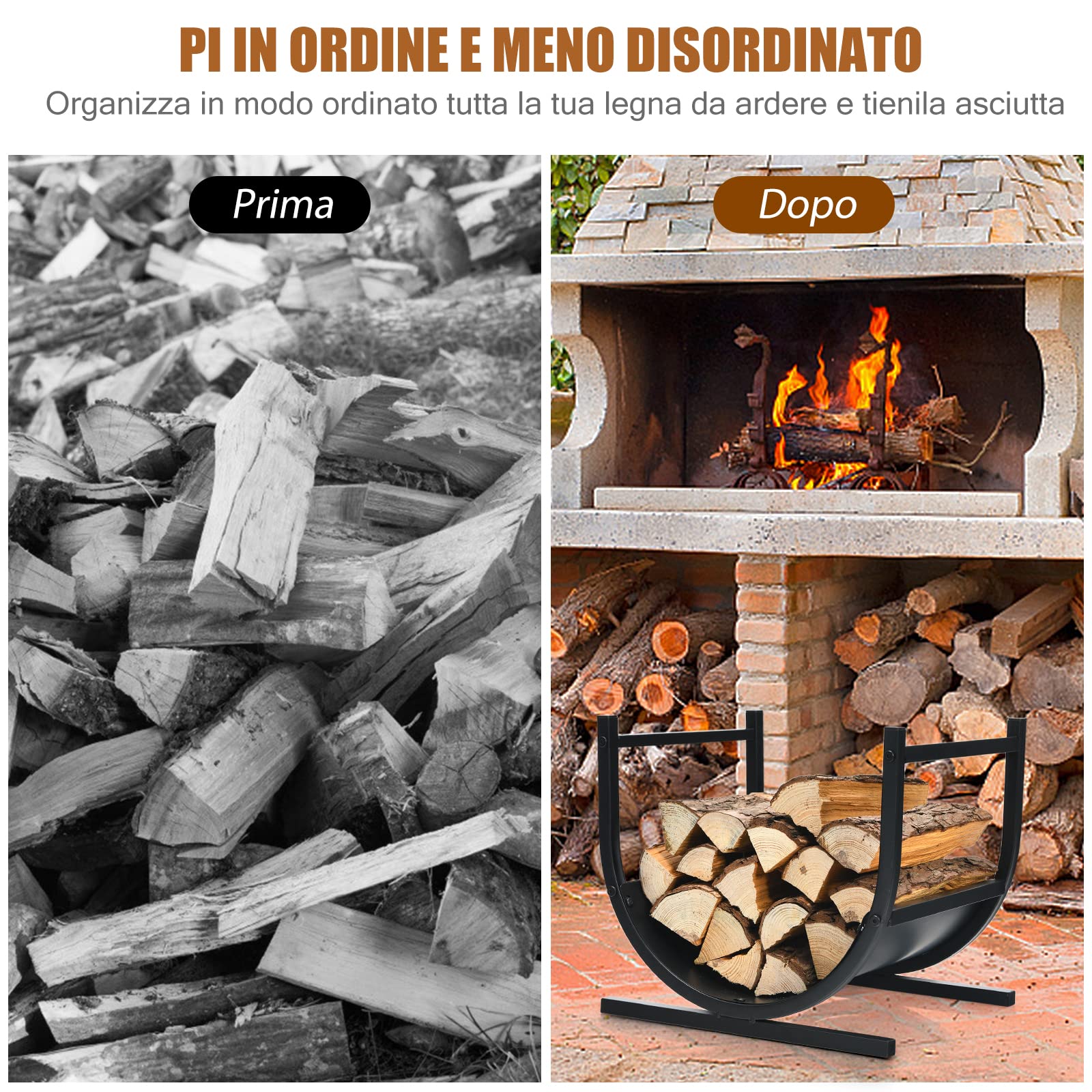 COSTWAY Porta Legna per Interni ed Esterni a Forma di U, Porta Legna per Camino in Acciaio con Base Stabile e Custodia di Trasporto, Portalegna da Ardere per Caminetto e Braciere (44 x 37 x 39,5 cm)