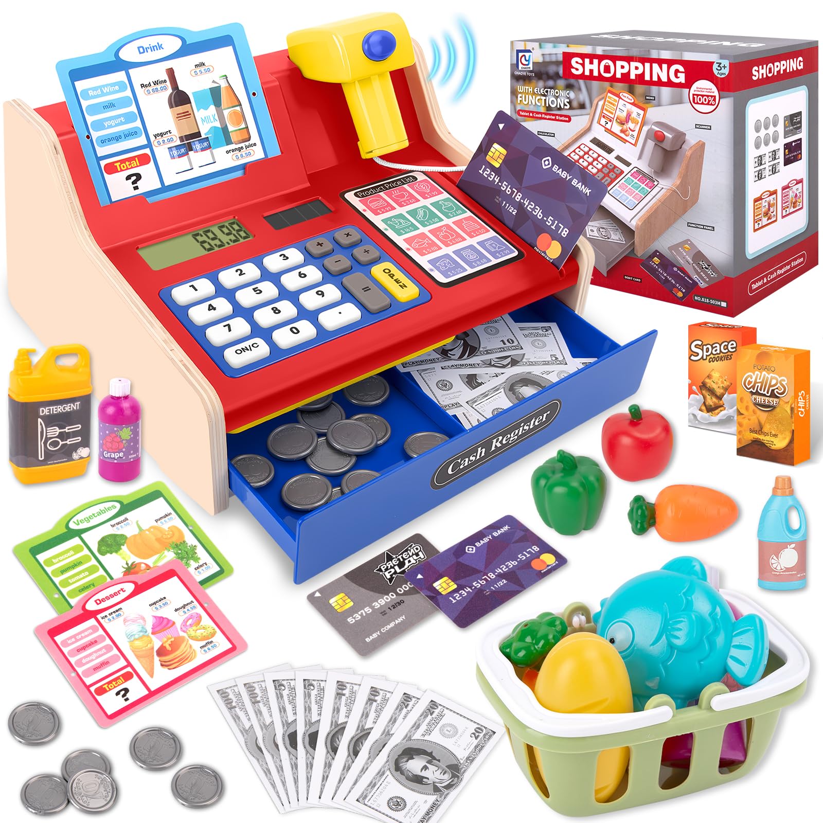 JONRRYIN Caisse Enregistreuse en Bois pour Enfants, 40 Accessoires Caisse Enregistreuse Jouet avec Vraie Calculatrice, Scanner Son & LumièRe, Jeu de Rôle Marchande de 3 Ans (Rouge)