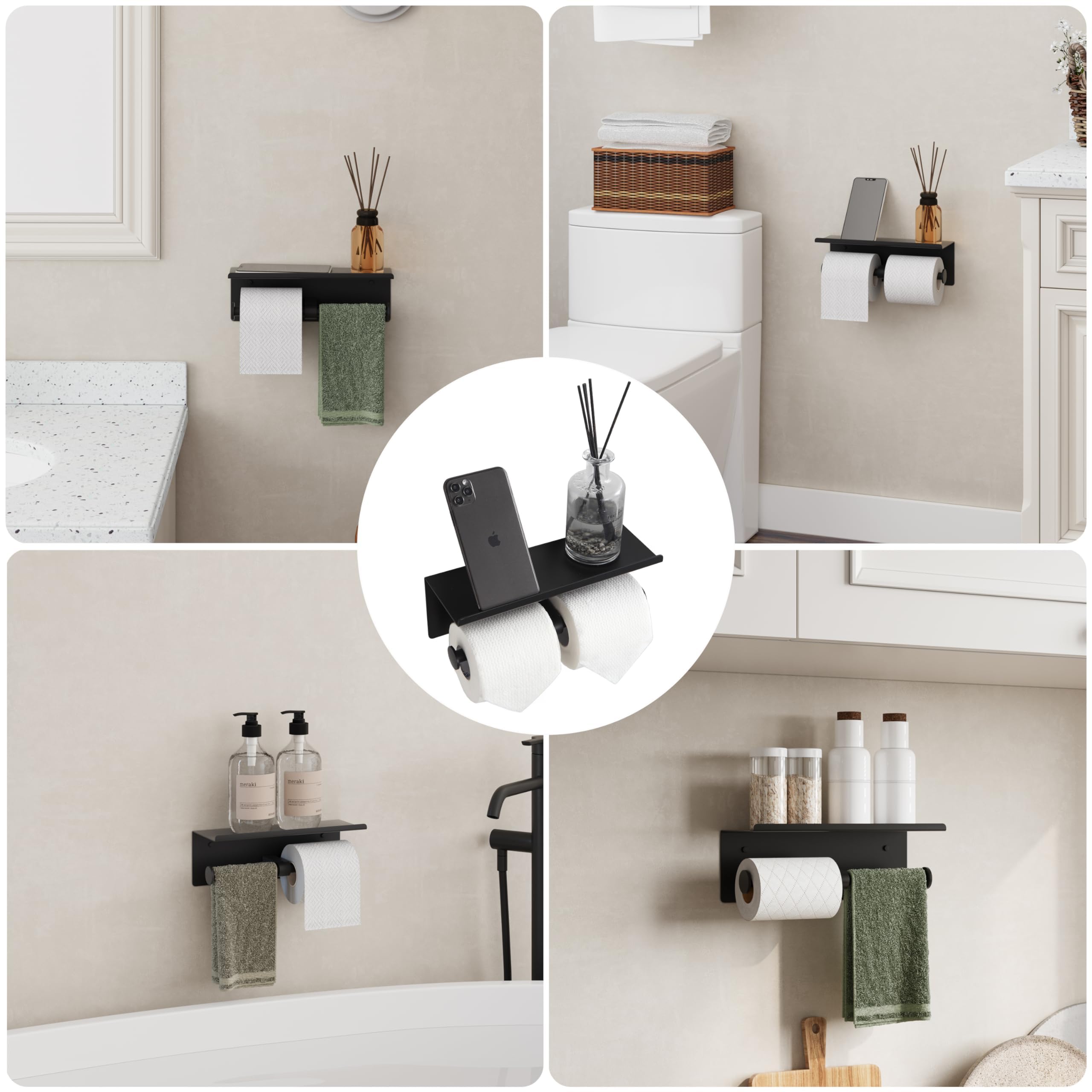 Self Adhesive Aluminum Waterproof Toilet Paper Holder with Shelf Black — Amazon image 2