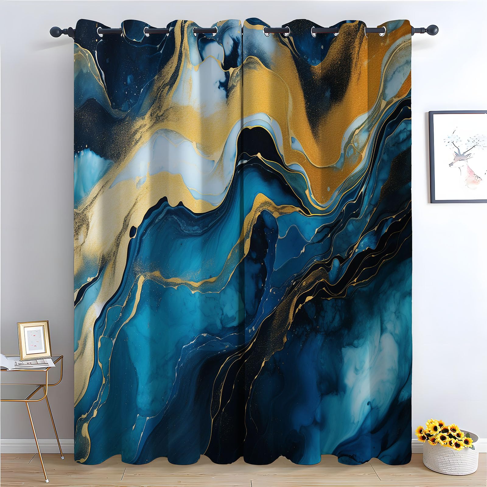 Rideau moderne encre fluide bleu or au design artistique raffiné