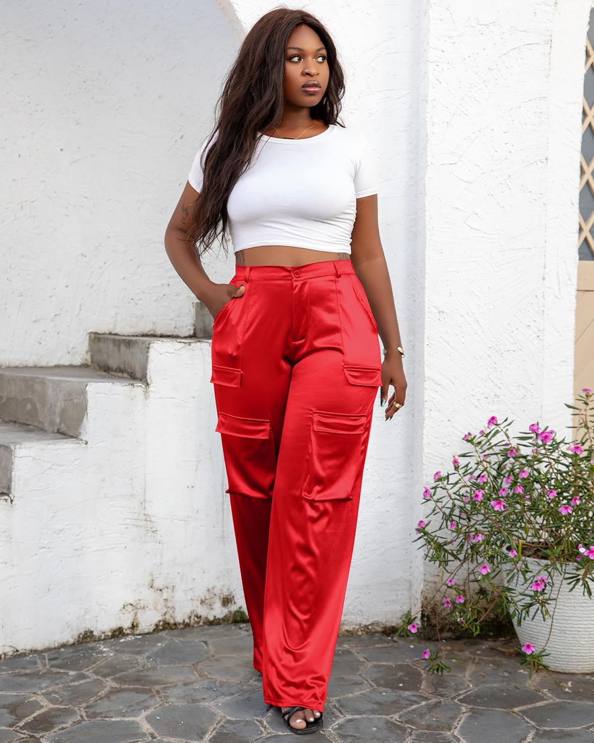 Metallic Satin Cargo Pants for Women High Waisted Wide Leg Pants with Pockets, Dressy Going Out Concert Outfits - Image 5