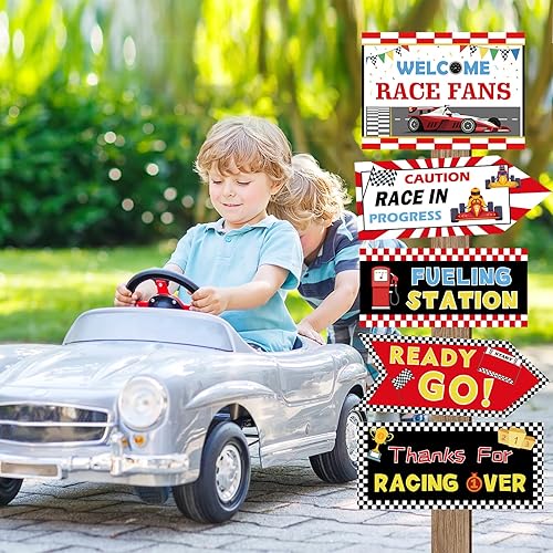 Miniatura 6 de Hooqict 20 piezas de decoración de fiesta de coche de carreras, letreros direccionales para fiestas de coches de carreras, suministros de fiesta de