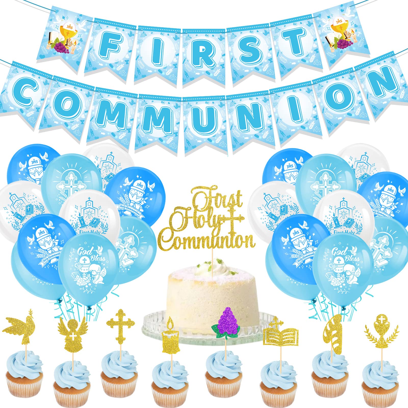 DPKOW 27pcs First Holy Communion Decoration Set for Boys, First Communion Bunting Banner God Bless Latex Balloons First Holy Communion Cake Toppers, Communion Confirmation Decorations Birthday Party