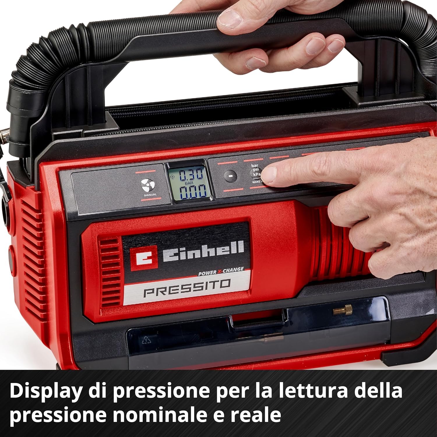Einhell Compresor con batería PRESSITO 18/25 Power X-Change (18 V, máx. 11 bar, incl. set adaptador de 3 piezas, incl. tubo de alta presión de 71 cm y tubo de baja presión de 1,6 m, sin batería)