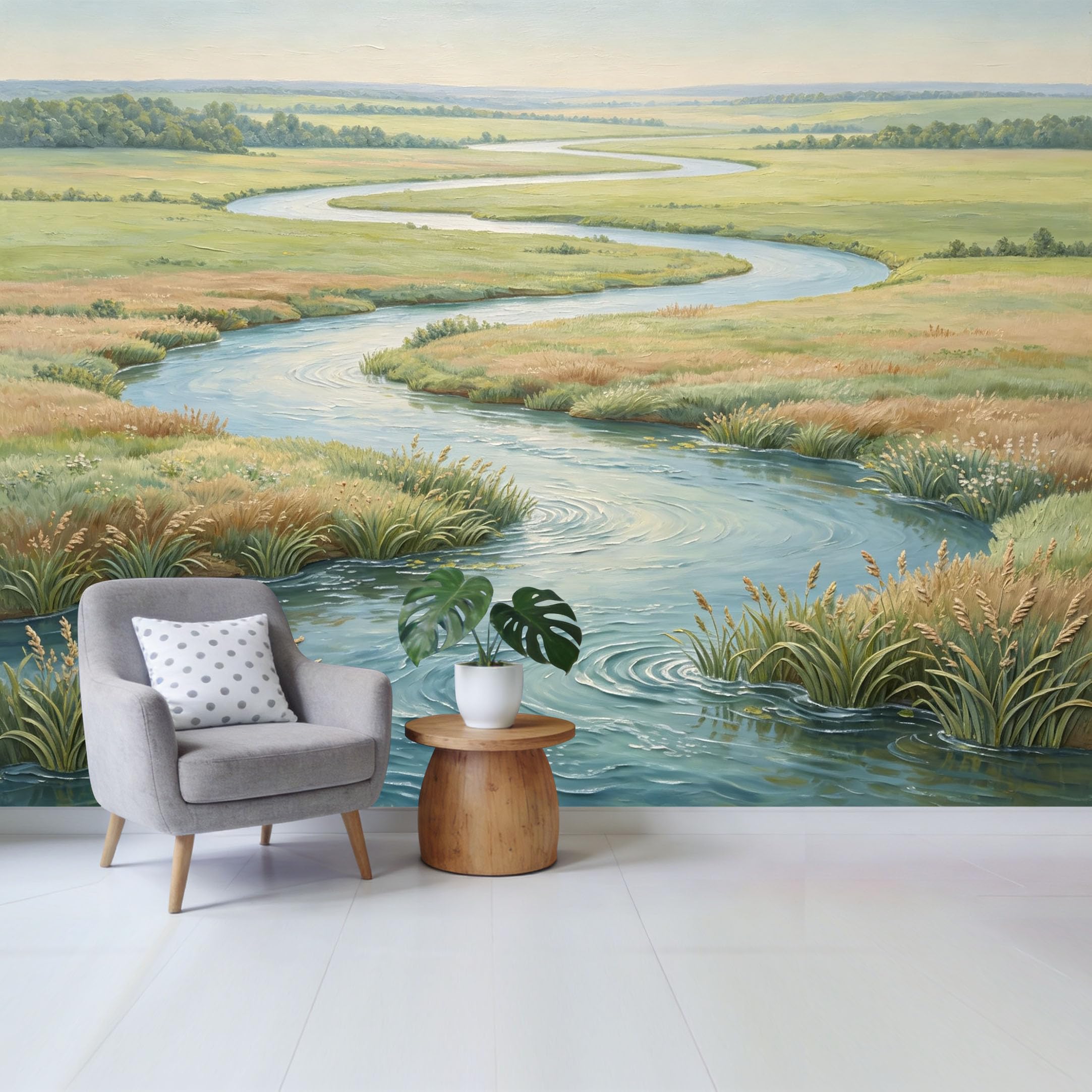 Qzlithotic Yq2605251206 Custom Size Wall Mural Serene Winding River Landscape Oil Painting Textured Selfadhesive Wall Fabric Removable Wallpaper For Home Office Decor