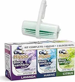 Hippo Kit Bloco Sanitário 1 Aparelho + 3 Refis - Lavanda, Marine e Citrus Desodorizador para Vaso Sanitário Perfumado Active Clean